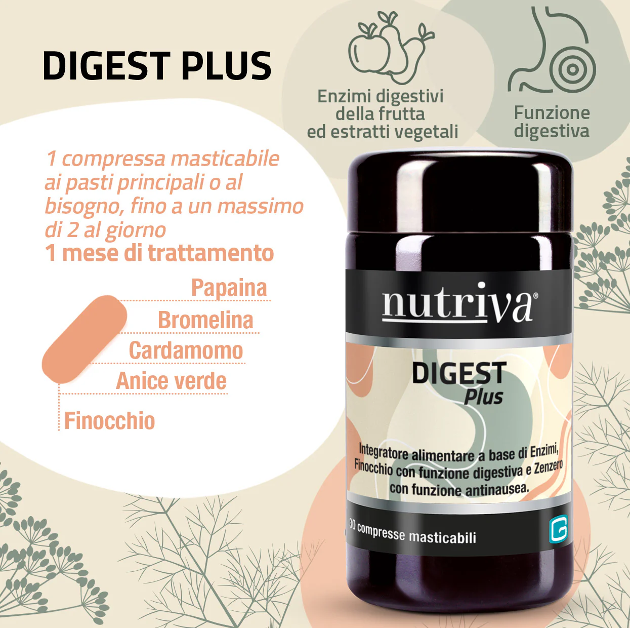 NUTRIVA DIGEST PLUS 30 CPR MASTICABILI - immagine 2
